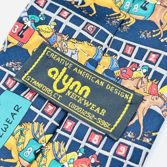 Vintage 80s Alynn Navy Blue Horse Racing Novelty Silk Necktie - Picture 5 of 7